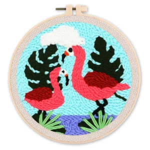 FIGURED’ART PUNCH NEEDLE COUPLE DE FLAMANTS ROSES AVEC CADRE CIRCULAIRE REF CCX364