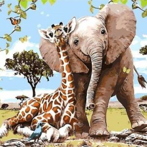 FIGURED’ART PEINTURE PAR NUMEROS AMIS ELEPHANT ET GIRAFE TOILE ROULEE REF PN629