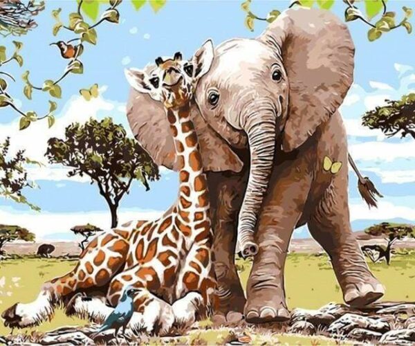 FIGURED'ART PEINTURE PAR NUMEROS AMIS ELEPHANT ET GIRAFE TOILE ROULEE REF PN629